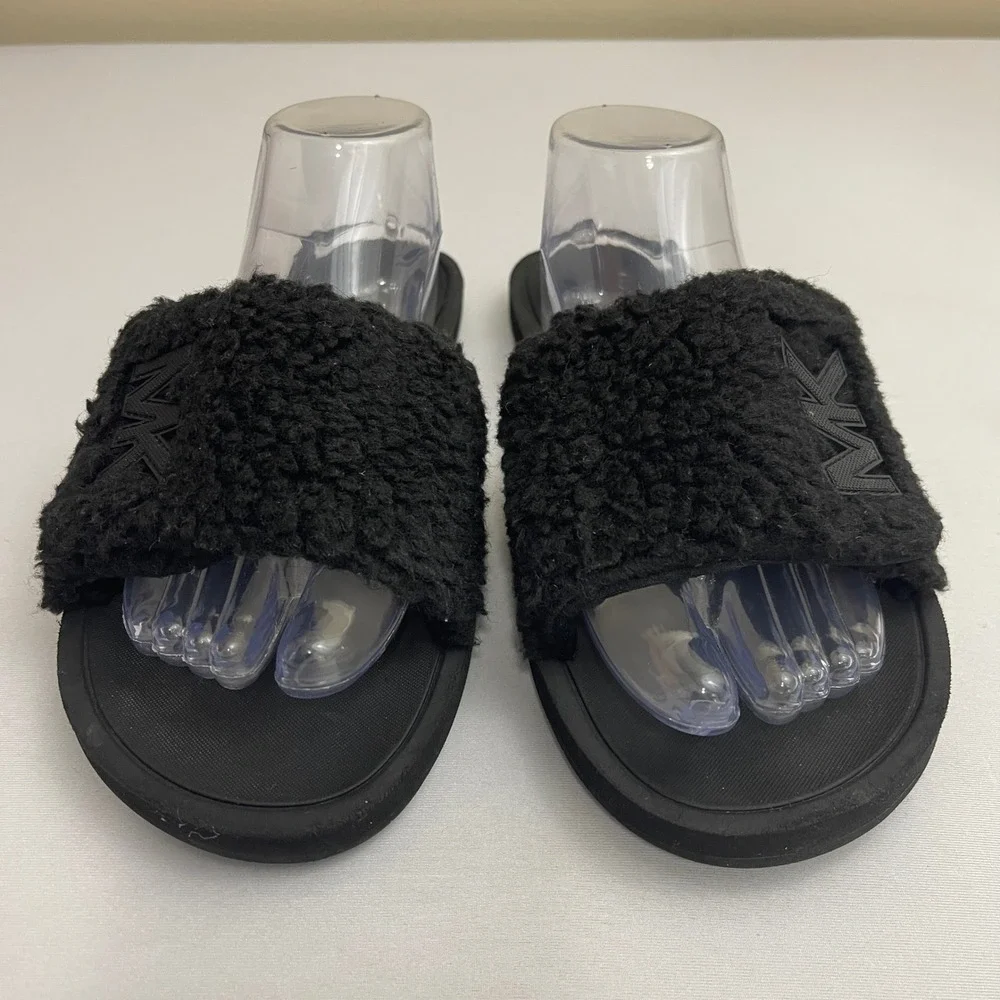 Michael Kors Black Fuzzy Faux Fur MK Logo Slides Sandals Slip On Adjustable READ